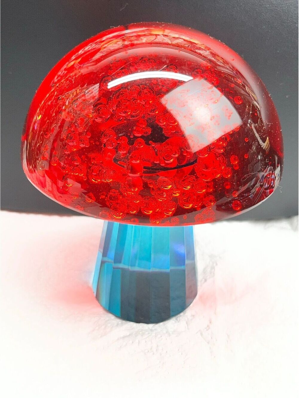 Art Glass Red & Turquoise Blue Mushroom Whimsical Bubble Glass Paperweight 4”